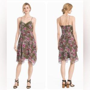 White House Black Market Handkerchief Floral Olive Velvet trim Dress Sz 10